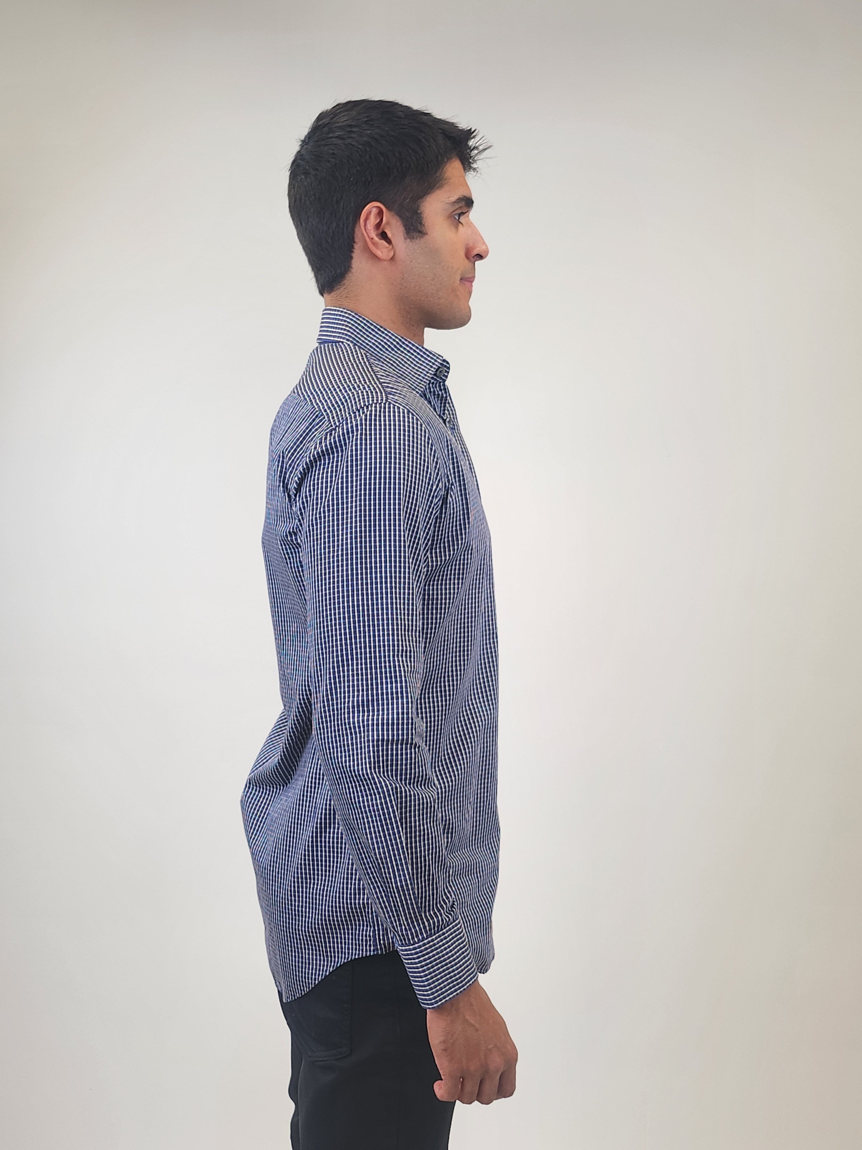 Brand Partner,R2 Amsterdam, R2 Amsterdam Dark Blue Bird's Eye 2 PLY Long Sleeve Button Up Shirt with Beige Print Contrast, Blue, Extra Large-50-Tag44