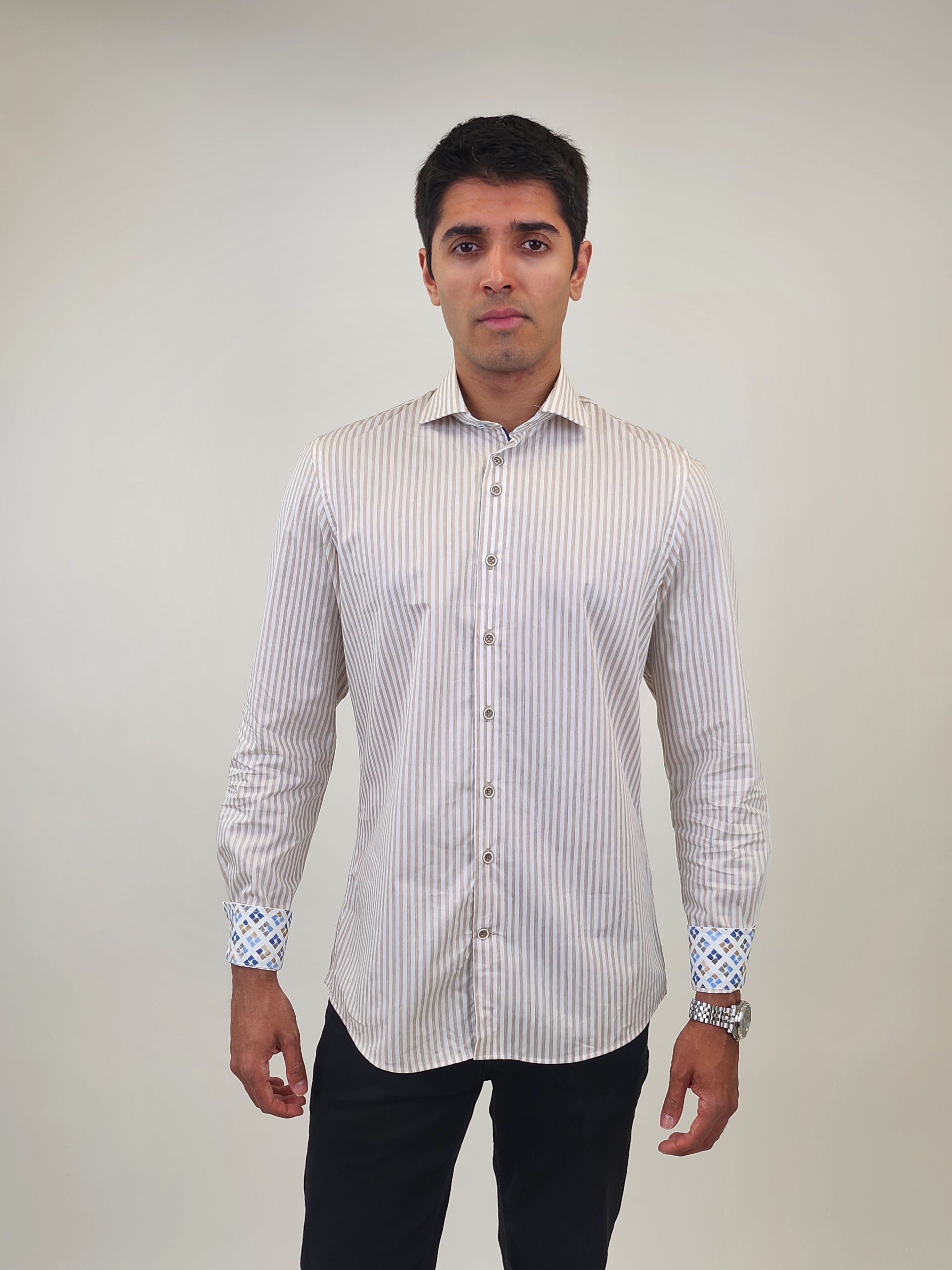 Brand Partner,R2 Amsterdam, R2 Amsterdam Beige Striped Shirt with Cup Print Contrast, Tan, Medium-42-Tag40