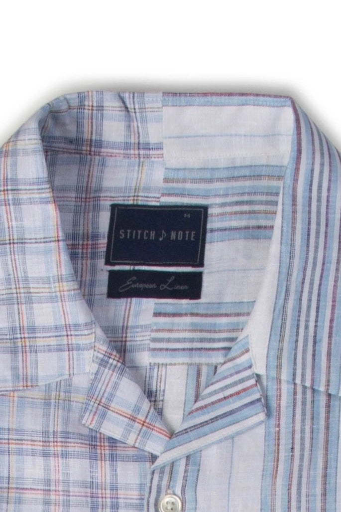 Brand Partner,Stitch Note, Stitch Note White/Blue Half Plaid Half Stripe European Linen Split Body Shirt, White, Medium-42-TagM