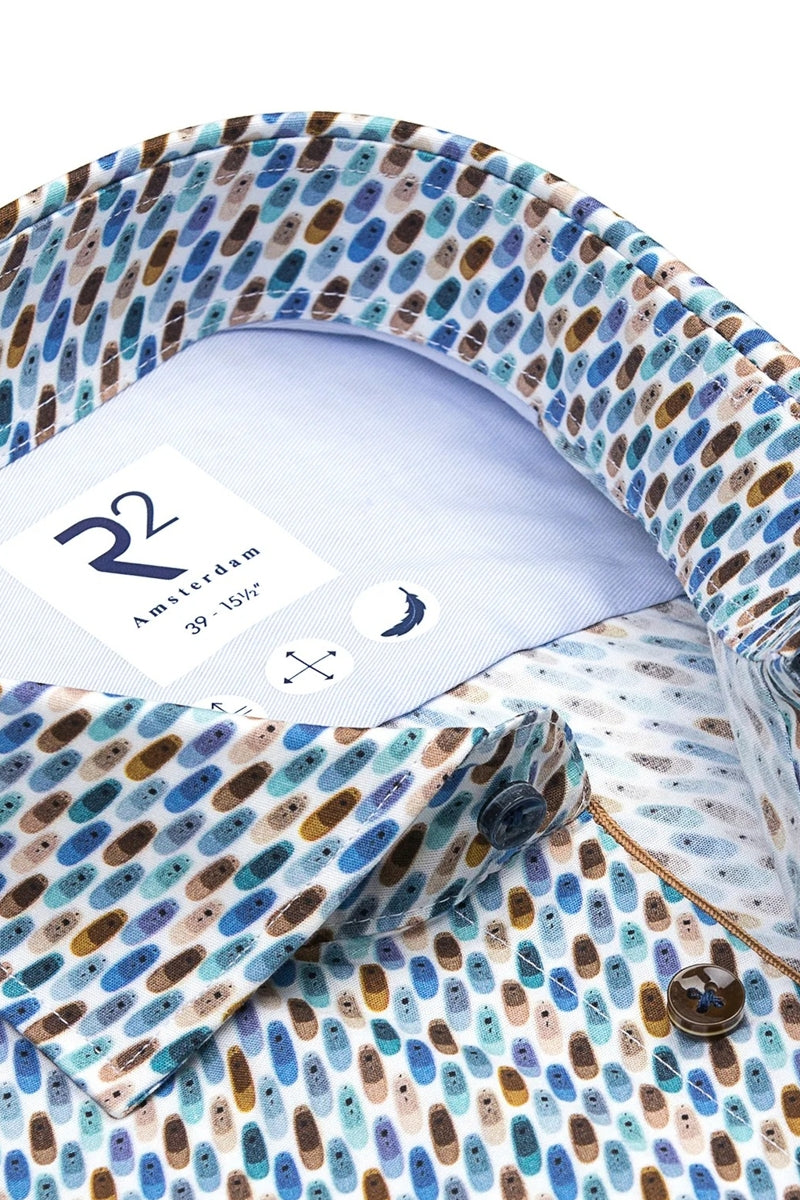 Direct From Brand,R2 Amsterdam, R2 Amsterdam Blue Multi Surfboard Print Stretch Shirt, Blue, Medium-43-Tag40Extra Large-48-Tag43Extra Extra Large-50-Tag44Extra Extra Large-51-Tag45Extra Extra Large-53-Tag46Medium-44-Tag41Large-46-Tag42