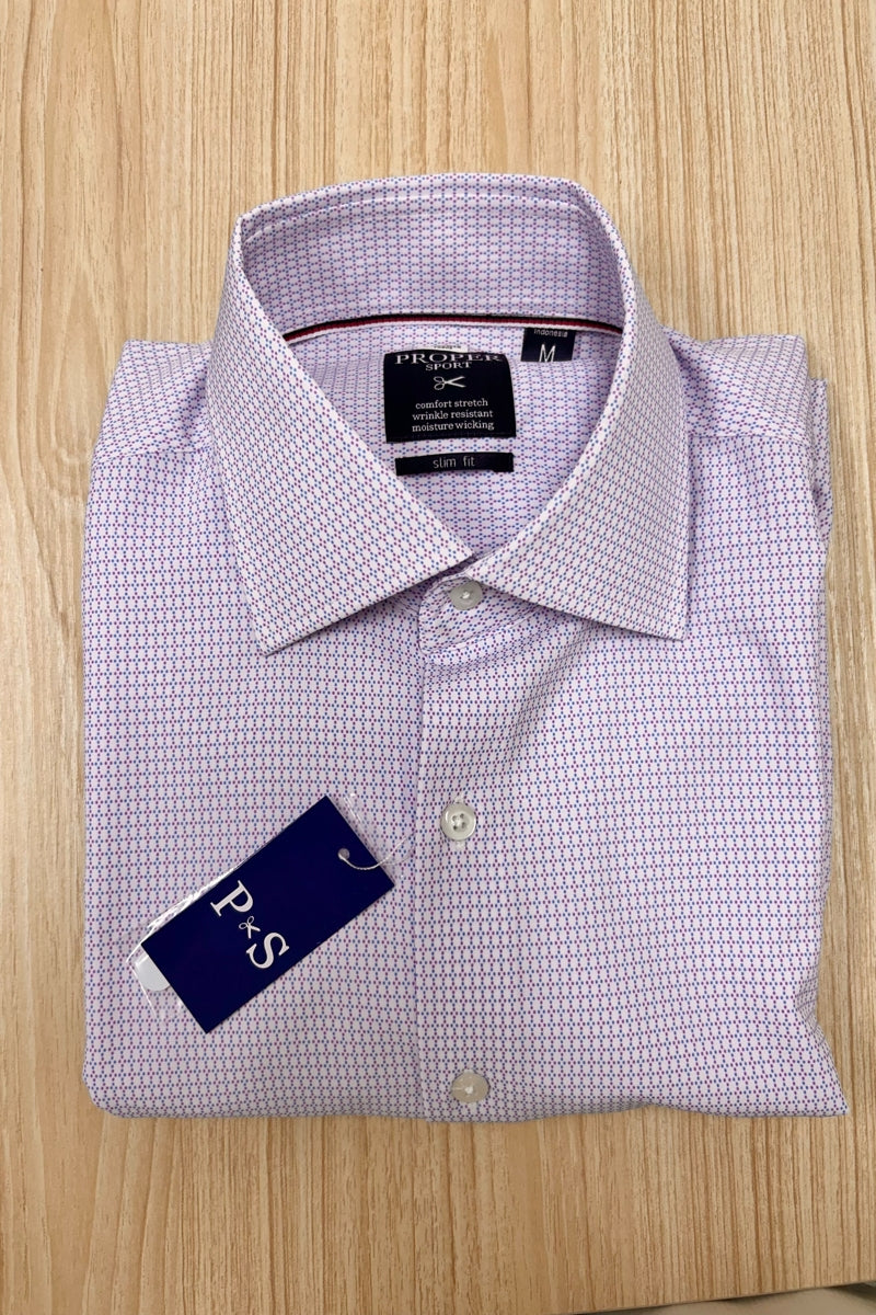 Direct From Brand,Proper Sport, Proper Sport Light Purple Punctiform Check Geo Print Four-way Stretch Slim Fit Dress Shirt, Purple, Medium-41-TagM