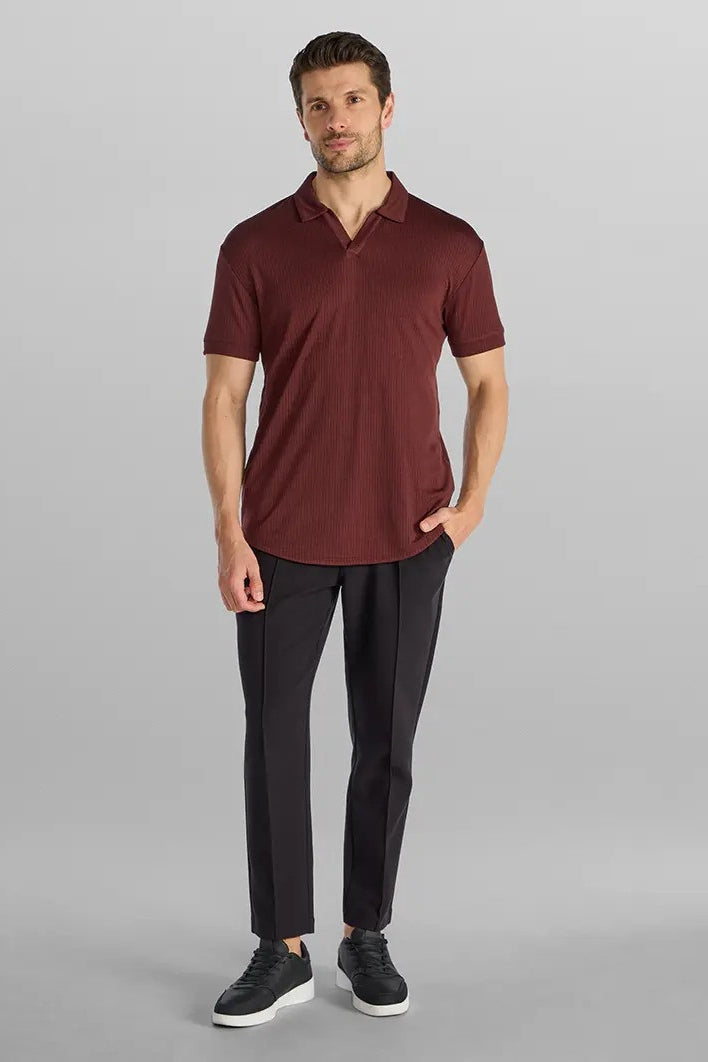 Wholesale,BYLT, BYLT Maroon Ribbed Drop-cut Open V Polo, Red, Small-40-TagSMedium-42-TagMLarge-44-TagLExtra Large-48-TagXLExtra Extra Large-52-TagXXLExtra Extra Extra Large-56-Tag3XL