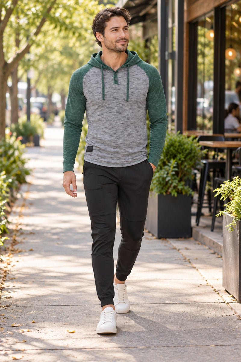 Faire,Zimego, Zimego Grey/Green Heathered Raglan Henley Hoodie, Grey, Large-43-TagL