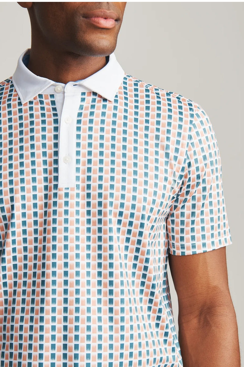 Wholesale,Rhone, Rhone White/Clay/Tidal Green Brushstroke Pattern UPF 50+ Polo, White, Medium-43-TagMLarge-46-TagLExtra Large-49-TagXLSmall-40-TagS