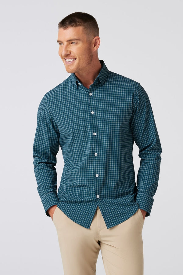 Mizzen + Main Sea Green Plaid Trim No Tuck Dress Shirt