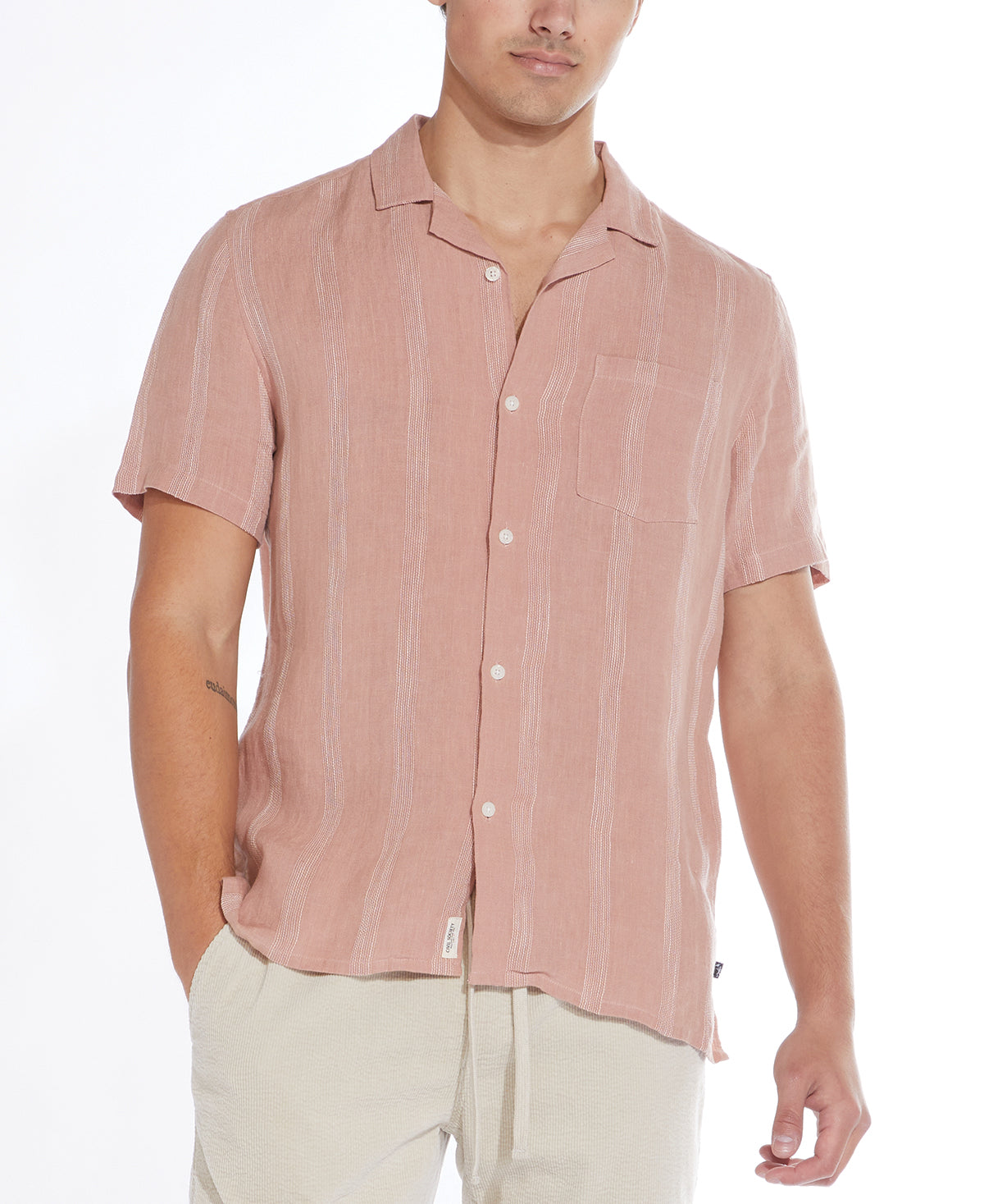 Wholesale,Civil Society, Civil Society Dusty Pink Tonal Striped Cotton/Linen Blend Short Sleeve Shirt, Pink, Extra Large-48-TagXL
