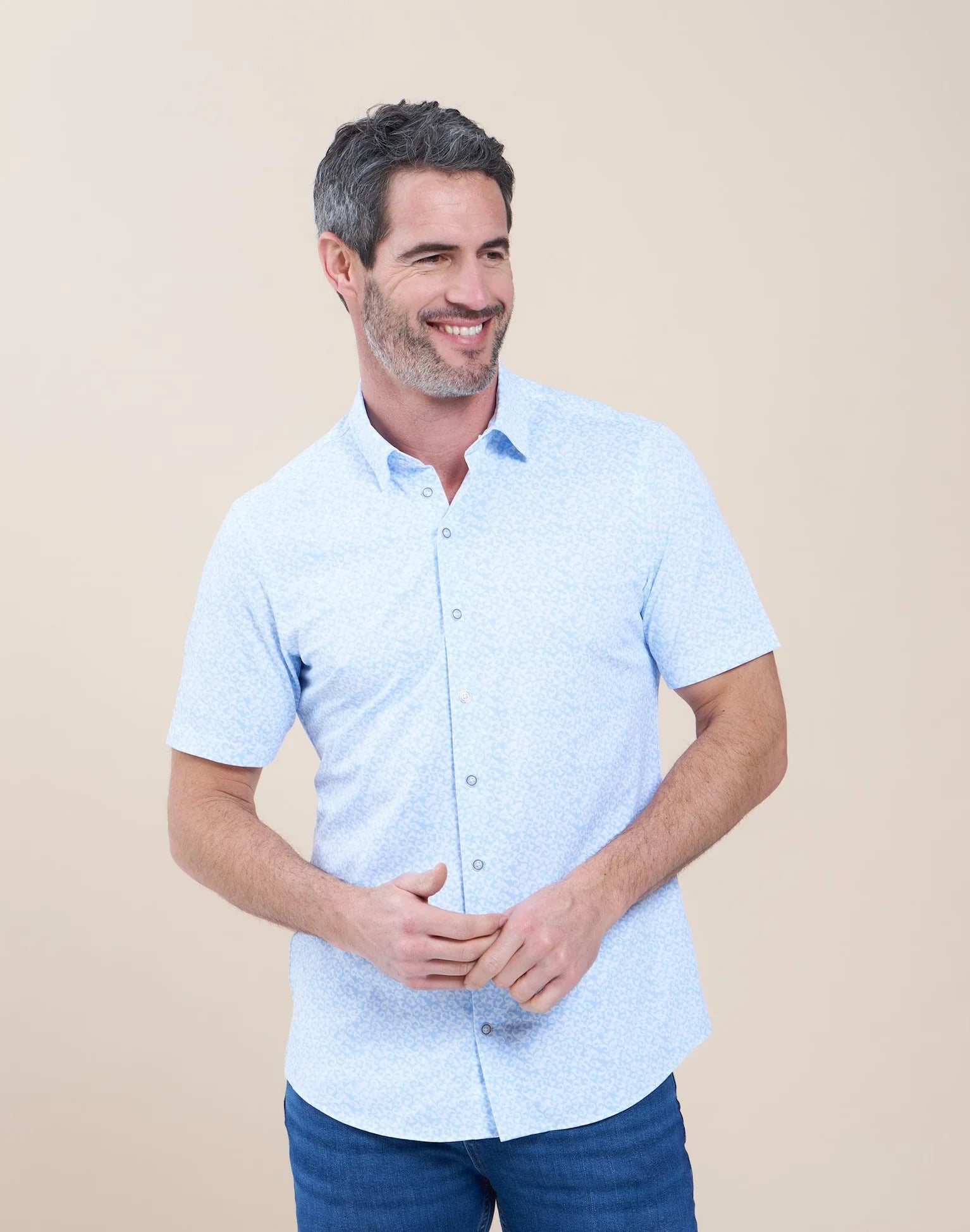 Brand Partner,R2 Amsterdam, R2 Amsterdam Light Blue Graphic Print Knitted Pique Short Sleeve Shirt, Blue, Medium-42-Tag40