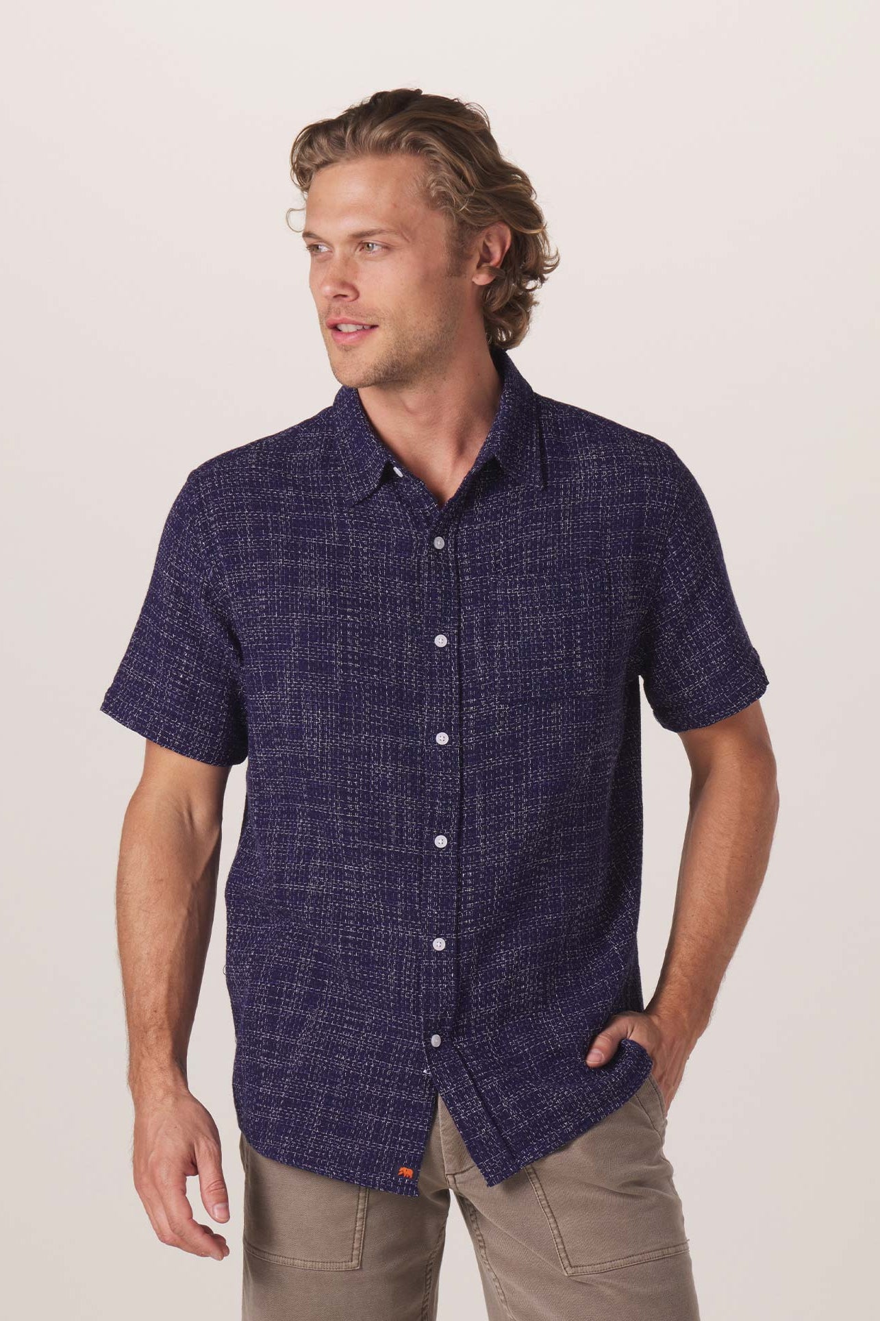 Wholesale,The Normal Brand, The Normal Brand Navy Woven Freshwater Short Sleeve Button Up Shirt, Blue, Medium-44-TagM