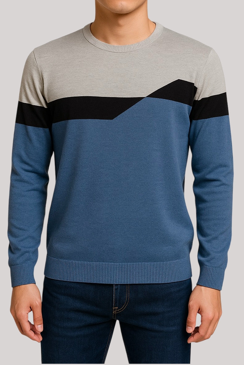 Wholesale,Jakamen, Jakamen Blue/Grey Multi Colorblock Crewneck Sweater, Blue, Extra Large-46-TagXXL