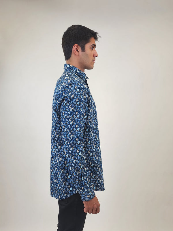 R2 Amsterdam Blue Paisley Print Stretch Long Sleeve Shirt