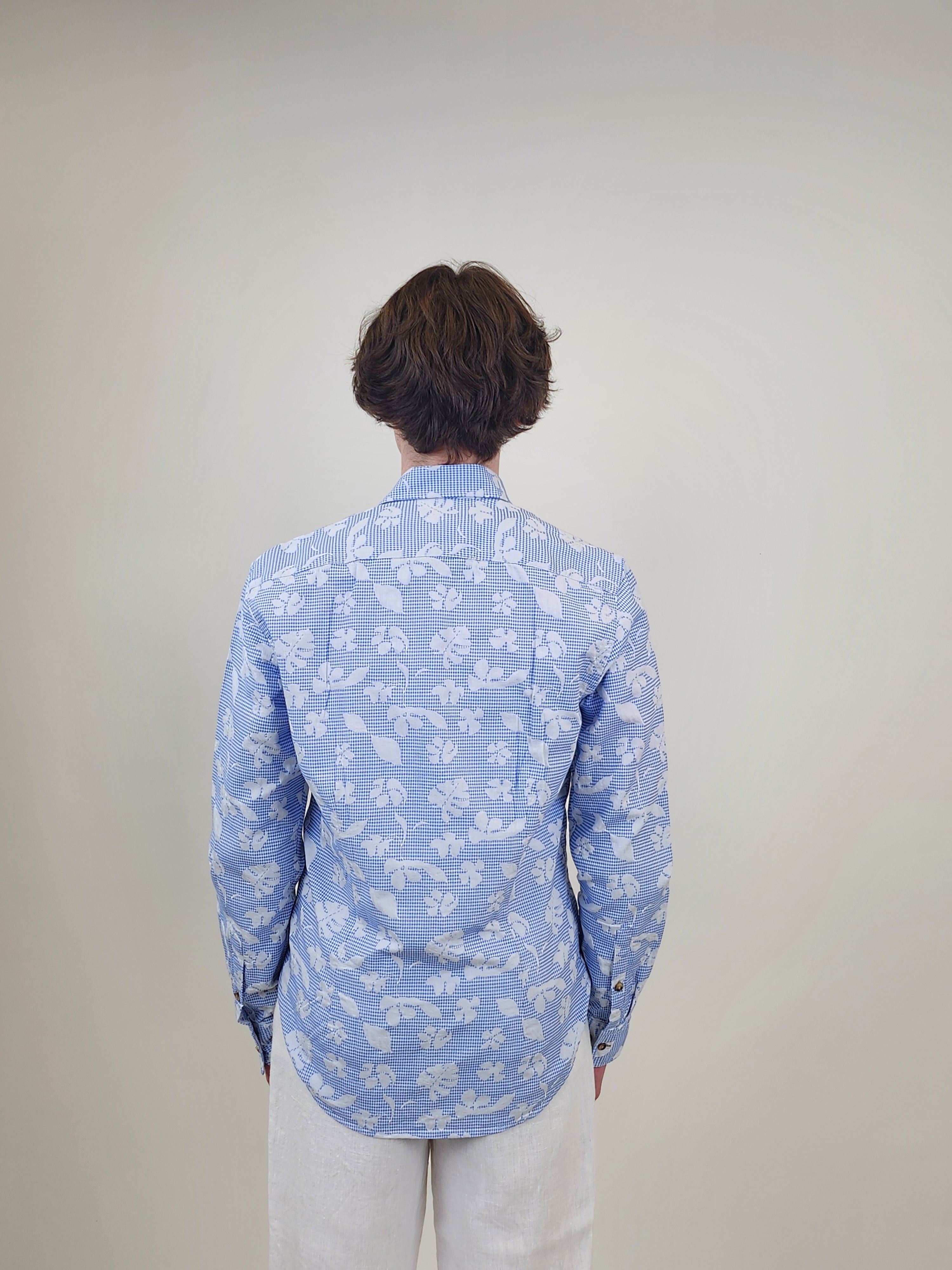 Brand Partner,R2 Amsterdam, R2 Amsterdam Blue Jacquard Leaf Print Long Sleeve Button Up Shirt, Blue, Small-41-Tag39