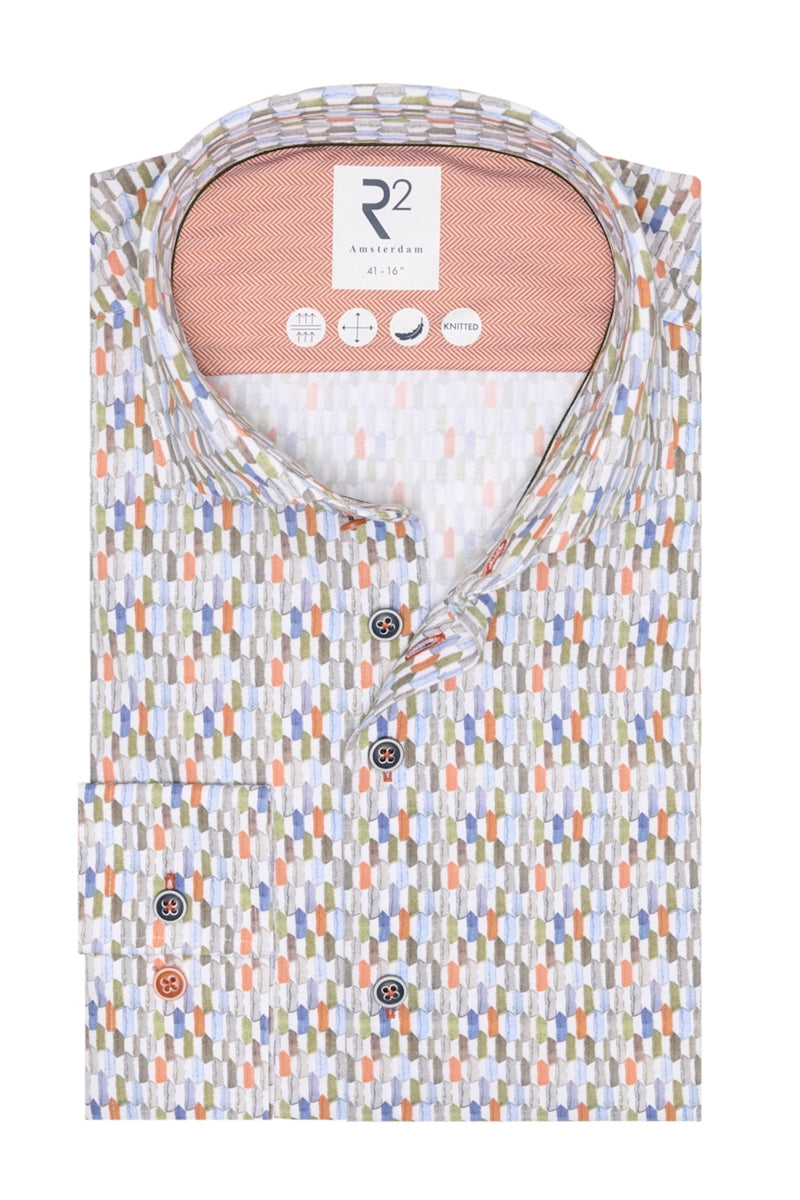 Direct From Brand,R2 Amsterdam, R2 Amsterdam Multicolor Printed Dress Shirt, White, Medium-44-Tag41Large-46-Tag42