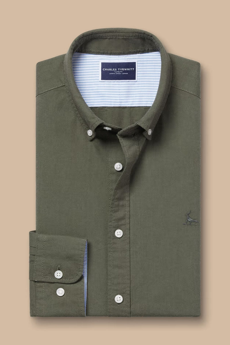 Wholesale,Charles Tyrwhitt, Charles Tyrwhitt Olive Green Washed Oxford Stretch Shirt, Green, Large-45-TagL