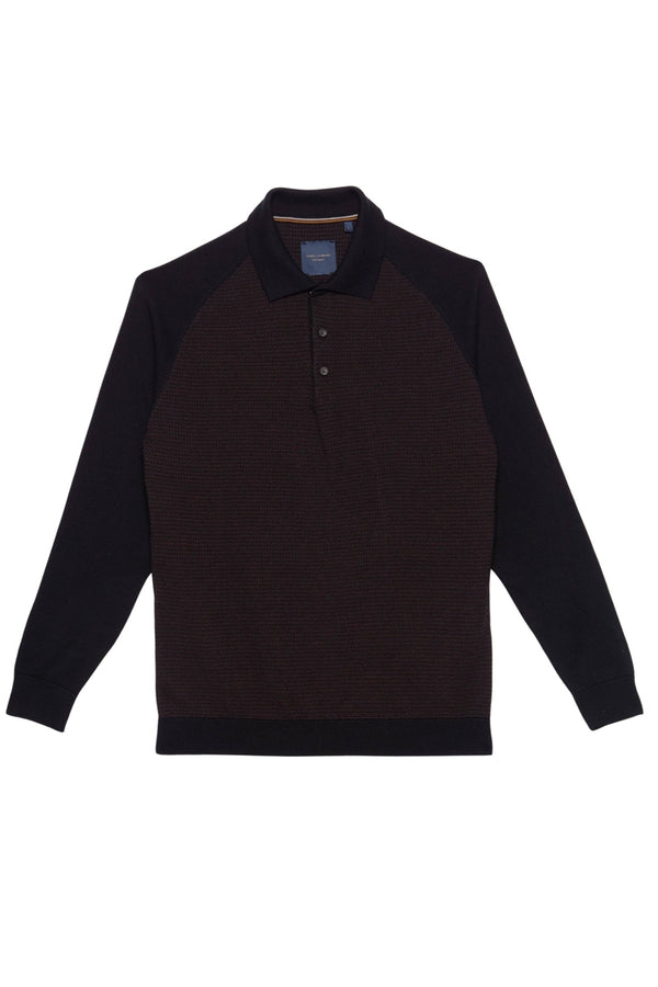 Guide London Black/Brown Braided Weave Knit Button Polo