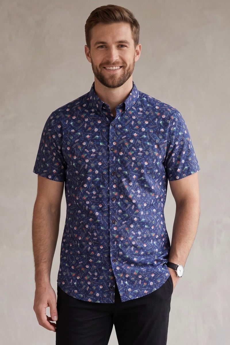 Brand Partner,Lords of Harlech, Lords of Harlech Navy Sushi Print Mechanical Stretch Button Up Shirt, Blue, Small-39-TagSLarge-45-TagLExtra Extra Large-50-TagXXLMedium-42-TagMExtra Large-48-TagXL