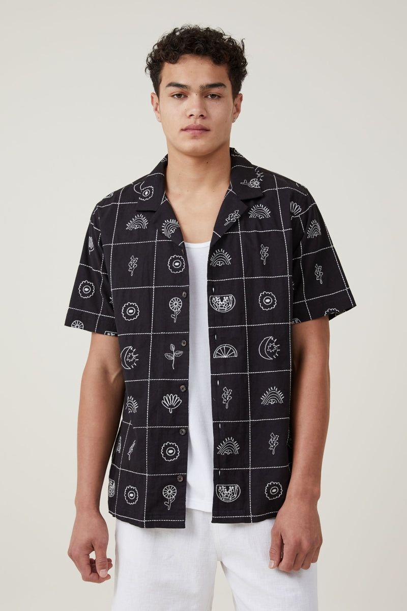 Cotton On Black Grid Embroidered Short Sleeve Shirt