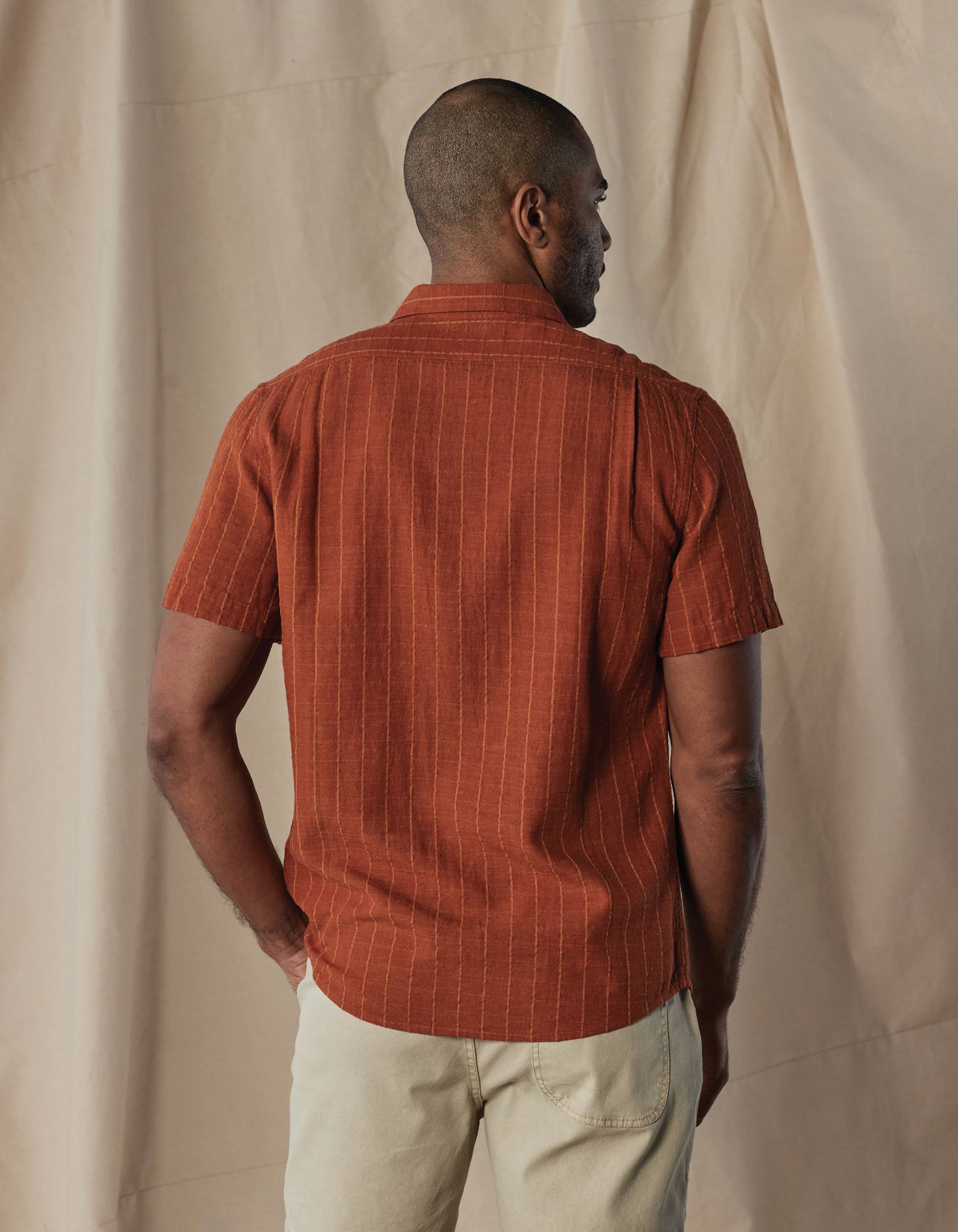 Wholesale,The Normal Brand, The Normal Brand Dark Ginger Stripe Freshwater Short Sleeve Button Up Shirt, Brown, Medium-44-TagMLarge-46-TagLExtra Large-49-TagXLExtra Extra Large-54-TagXXLSmall-41-TagS