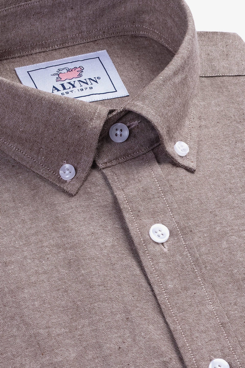 Faire,Alynn, Alynn Brown Chambray Slightly Brushed Slim Fit Shirt, Brown, Large-45-TagL
