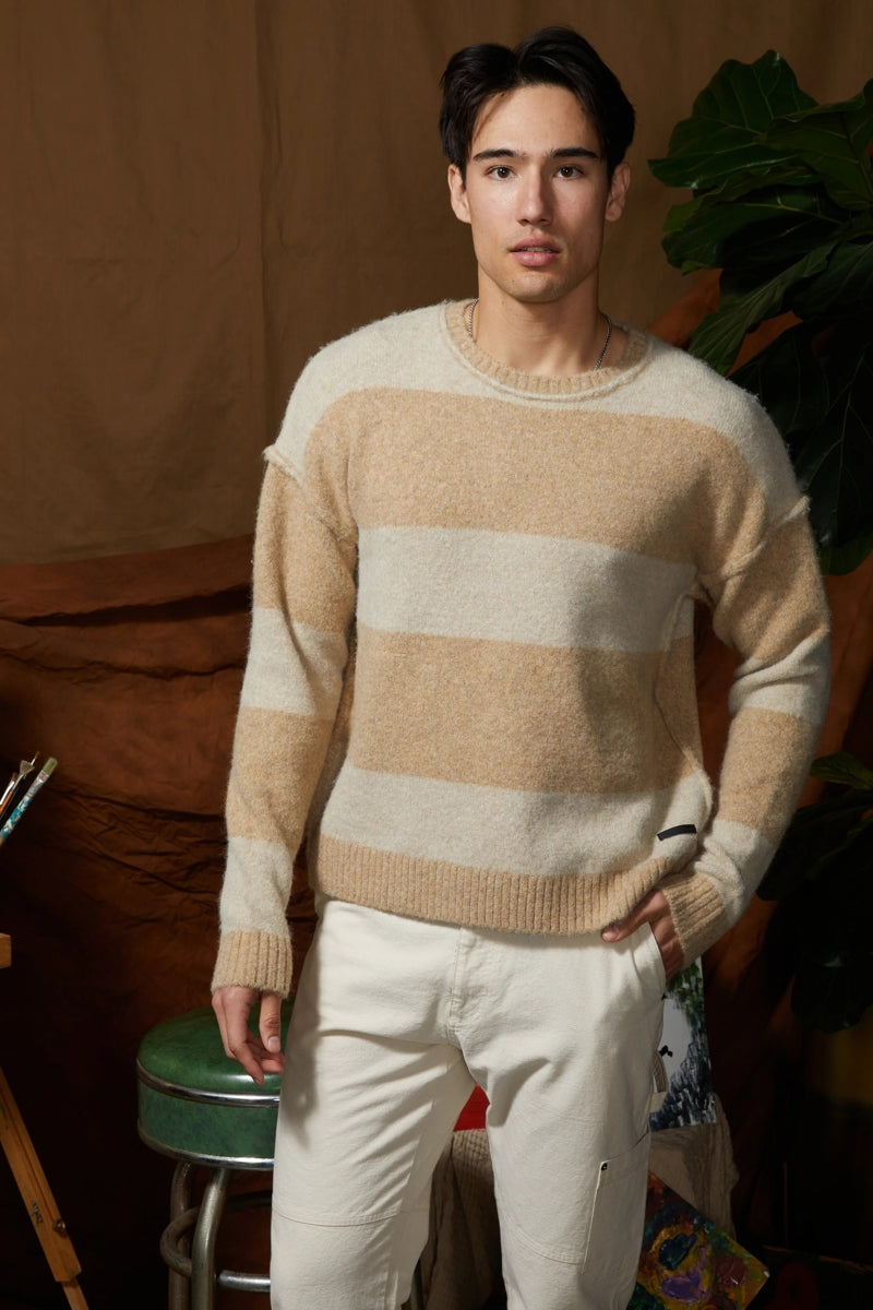 Wholesale,Civil Society, Civil Society Khaki Striped Fuzzy Jersey Knit Oversized Sweater, Tan, Medium-48-TagM