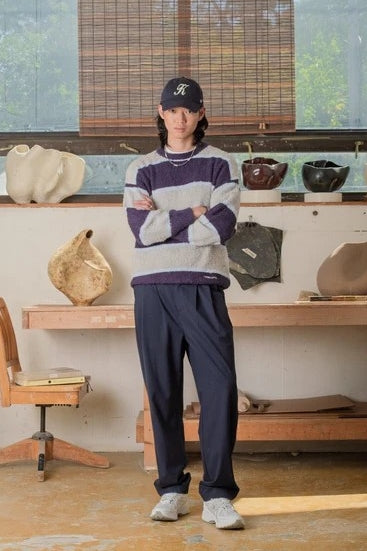 Wholesale,Kuwalla, Kuwalla Navy/Grey Stripe Shaggy Knit Crewneck Sweater, Blue, Small-45-TagSMedium-47-TagMExtra Extra Large-53-TagXXL