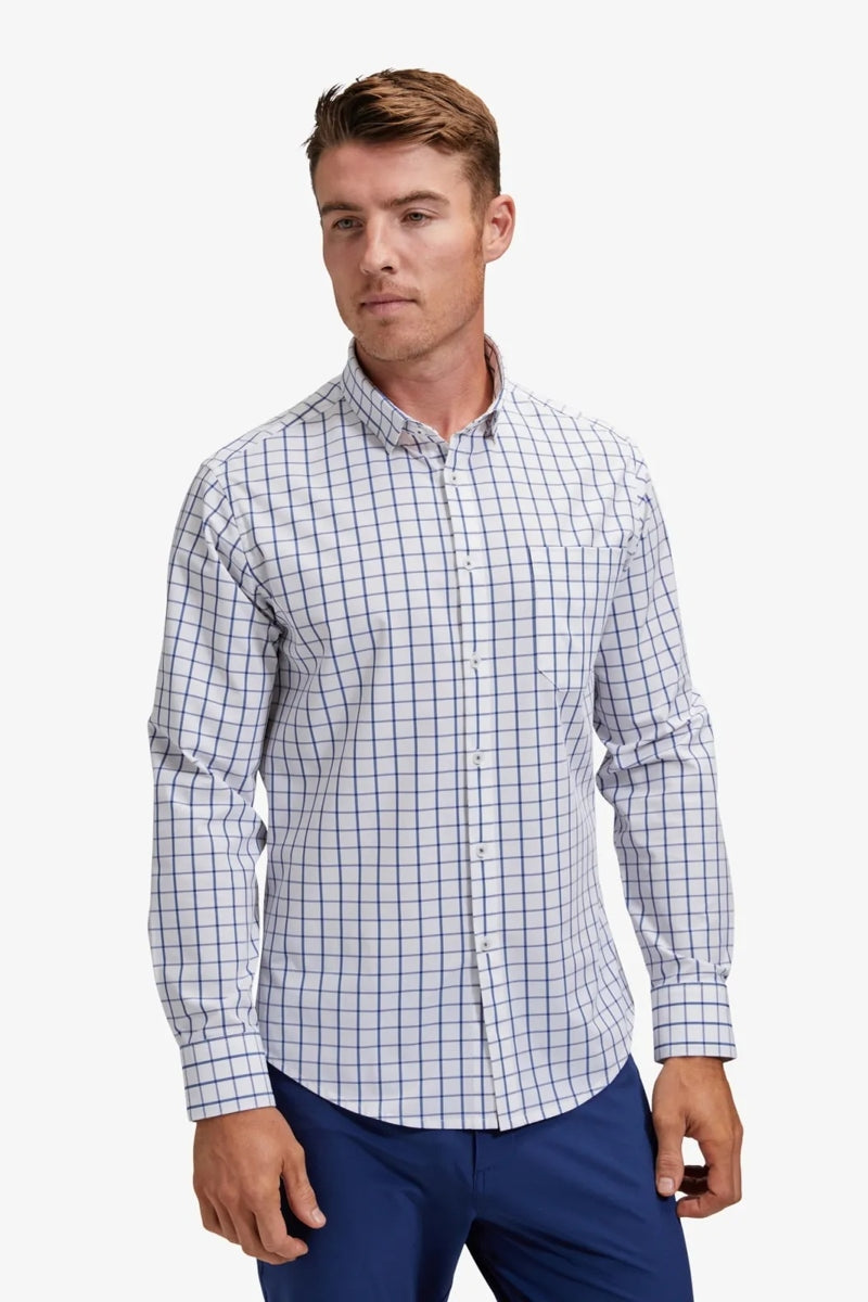 Wholesale,Mizzen + Main, Mizzen + Main White/Navy Windowpane No Tuck Trim Dress Shirt, White, Extra Large-48-TagXL