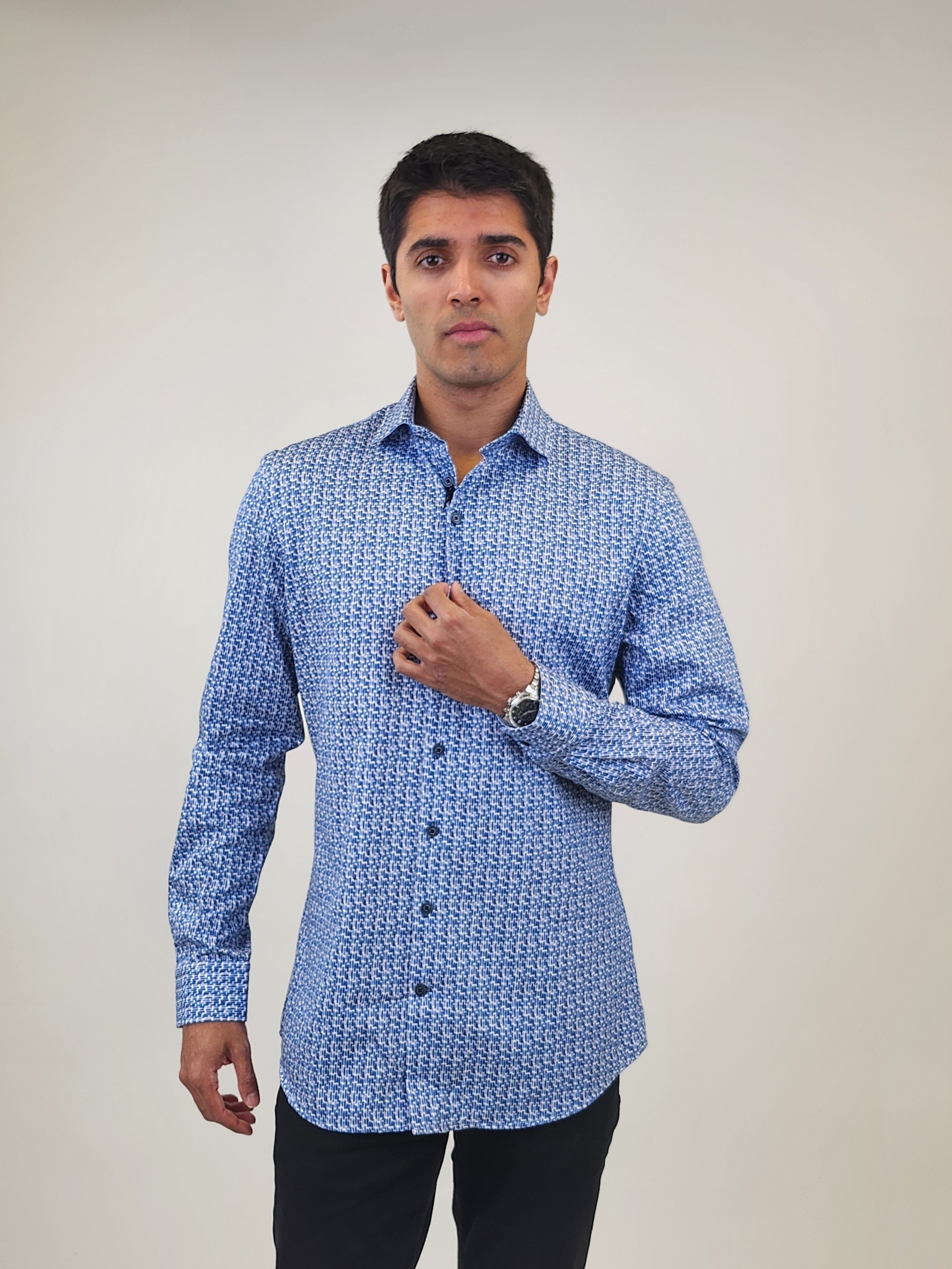 Brand Partner,R2 Amsterdam, R2 Amsterdam Blue Brick Print Cotton Long Sleeve Shirt, Blue, Large-46-Tag42