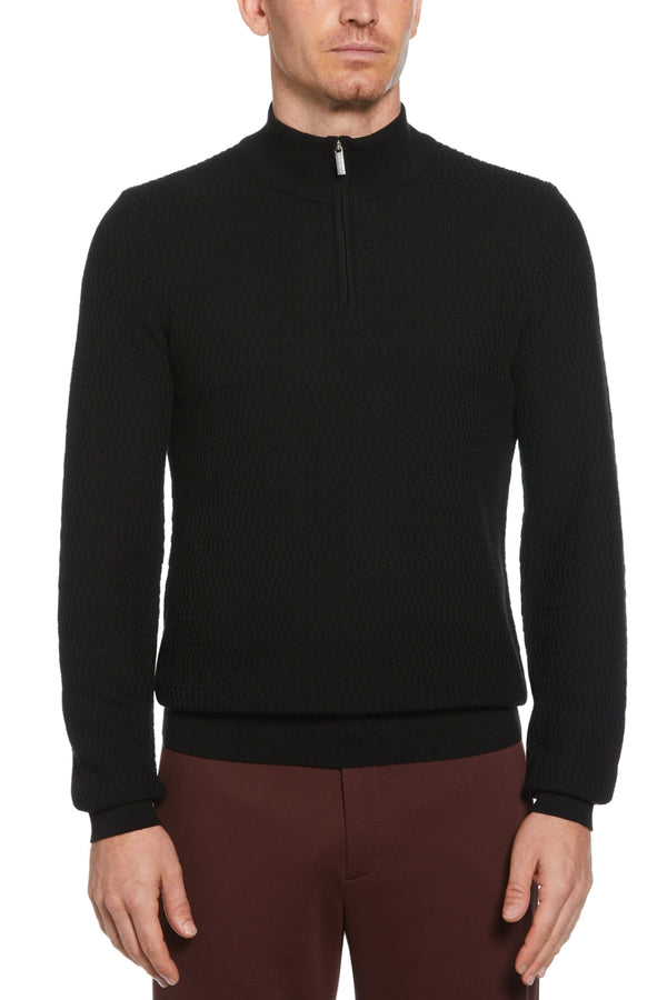 Perry Ellis Black Ribbed Textured Qtr Zip Pullover