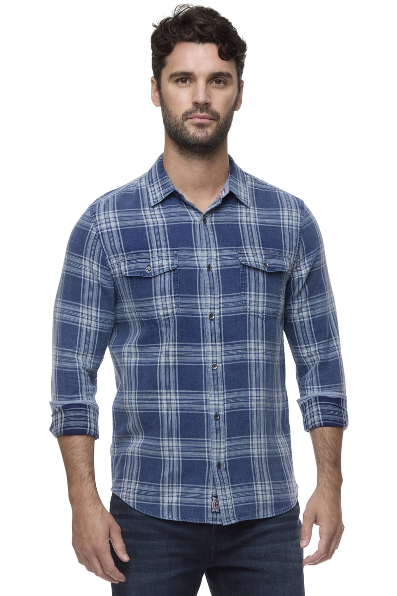 Wholesale,Flag & Anthem, Flag & Anthem Navy/Grey Plaid Vintage Washed Shirt, Blue, Small-40-TagS