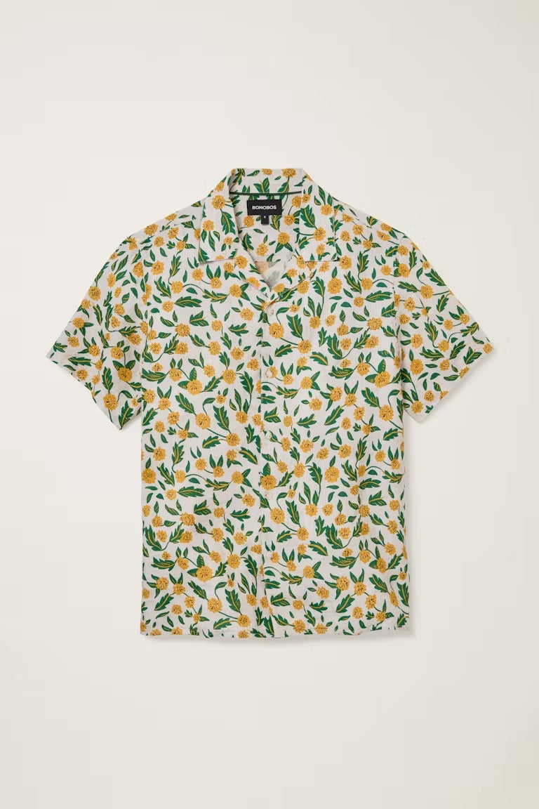 Wholesale,Bonobos, Bonobos Yellow Floral Print Short Sleeve Linen Shirt, Yellow, Large-46-TagL