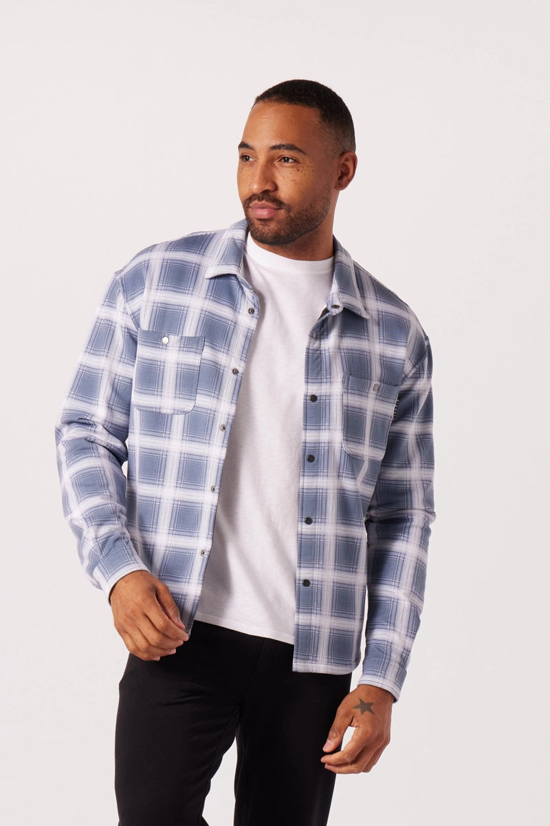 Wholesale,Glyder, Glyder Washed Blue Plaid Snap Front Overshirt, Blue, Small-42-TagSMedium-45-TagMLarge-48-TagLExtra Large-50-TagXLExtra Extra Large-54-TagXXL