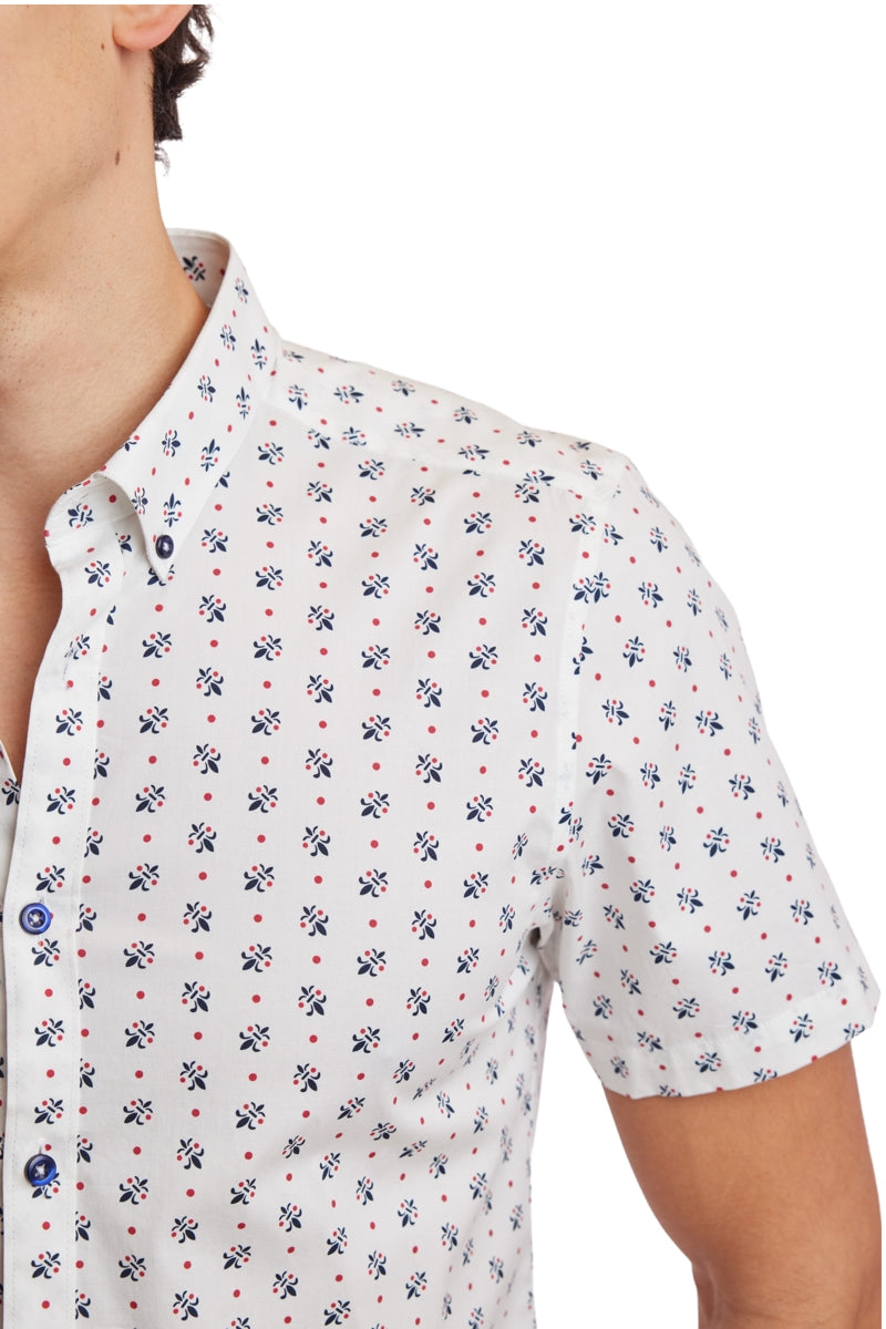 Wholesale,Paisley & Gray, Paisley & Gray White Fleur De Lis Print Short Sleeve Shirt, White, Small-38-TagS