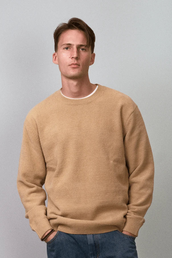 Wholesale,Kuwalla, Kuwalla Tan Ribbed Collar Textured Knit Crewneck Sweater, Tan, Small-42-TagSMedium-44-TagMLarge-46-TagLExtra Large-48-TagXL