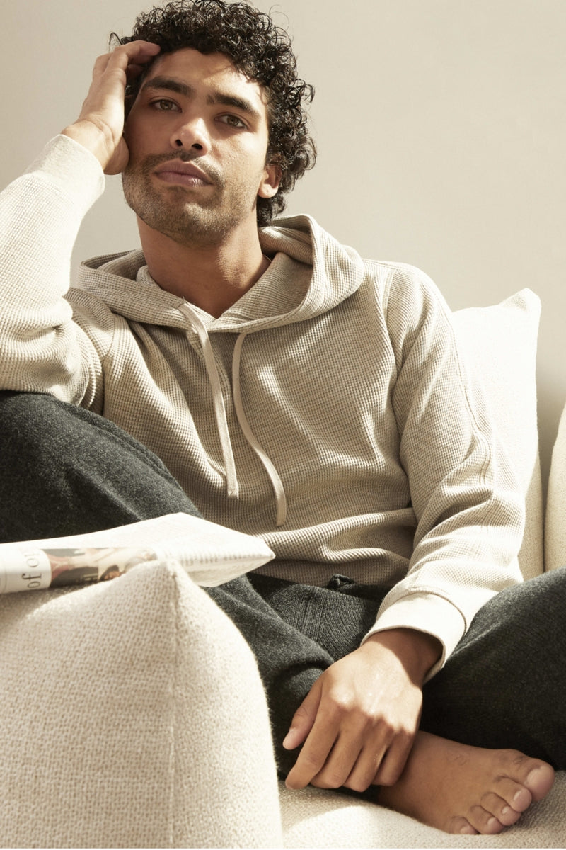 Direct From Brand,Everlane, Everlane Heathered Oatmeal Waffle-Knit Hoodie, Tan, Medium-40-TagM