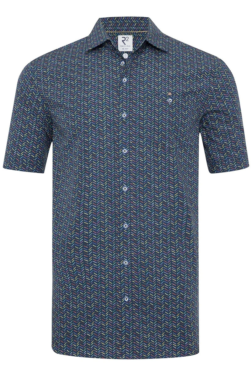 Direct From Brand,R2 Amsterdam, R2 Amsterdam Navy Multi Bicycle Battery Print Poplin Shirt, Blue, Extra Large-48-Tag43