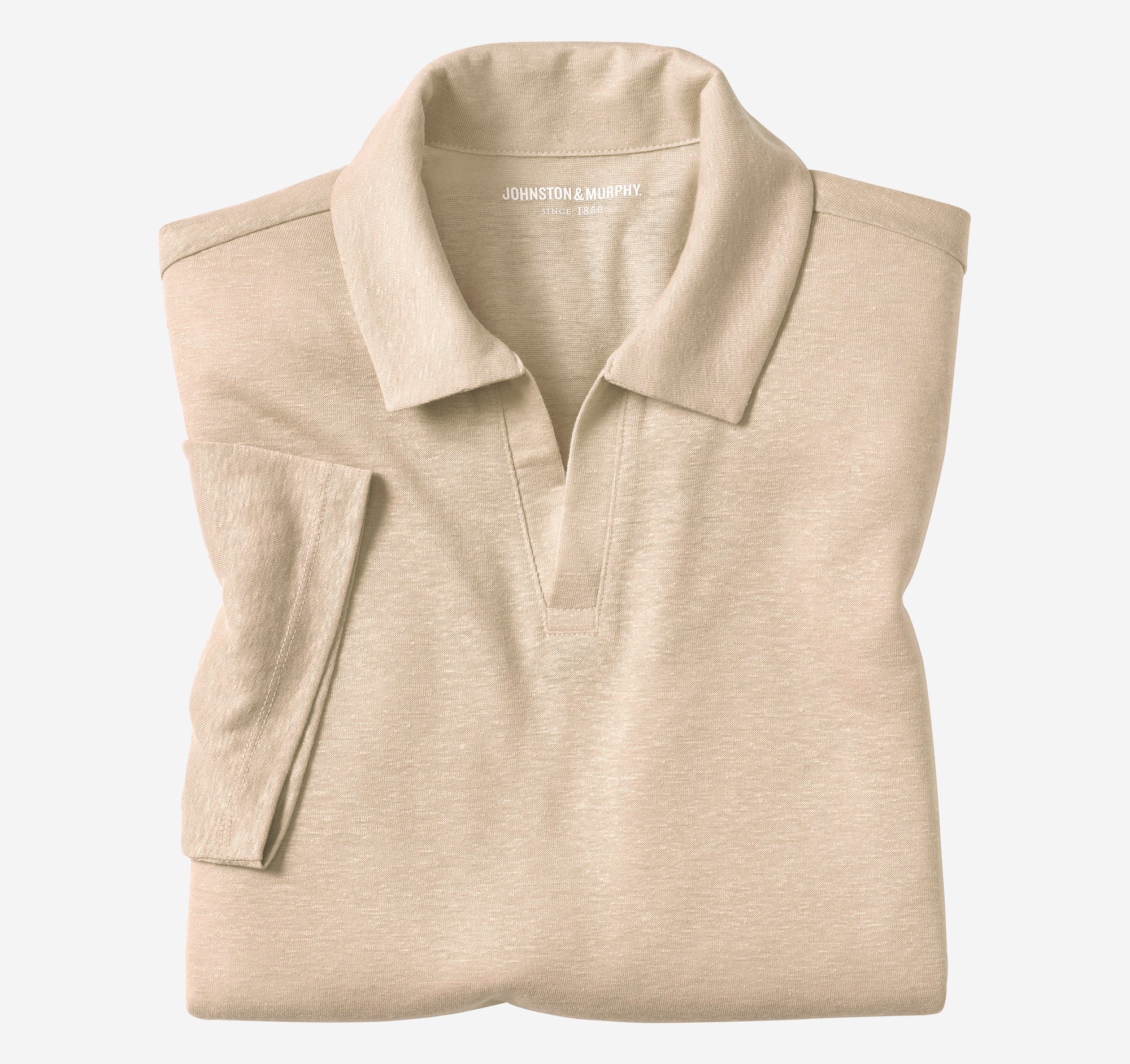Wholesale,Johnston & Murphy, Johnston & Murphy Sand Open V-Neck Linen/Recycled Poly Blend Short Sleeve Polo, Tan, Large-46-TagL