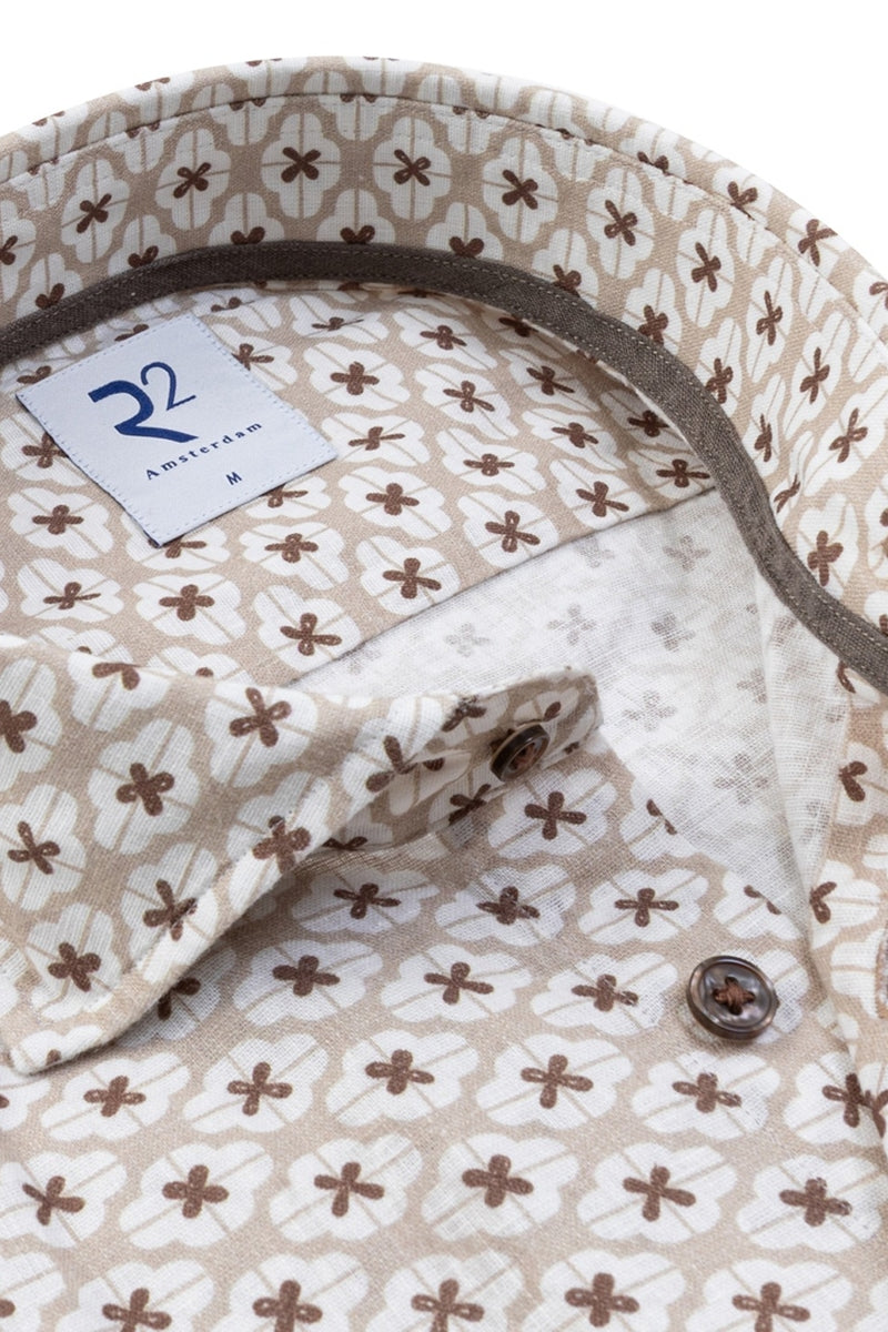 Direct From Brand,R2 Amsterdam, R2 Amsterdam  Beige/Brown Floral Tile Print Shirt, Tan, Extra Extra Large-52-TagXXL