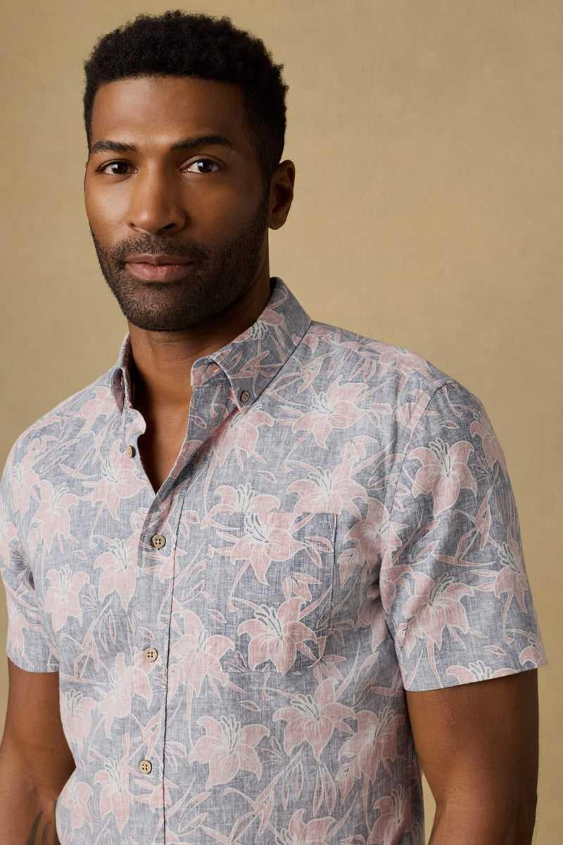 Wholesale,Faherty, Faherty Navy Red Lotus Print Shirt, Blue, Small-40-TagSMedium-43-TagMLarge-46-TagLExtra Large-49-TagXLExtra Extra Large-52-TagXXL