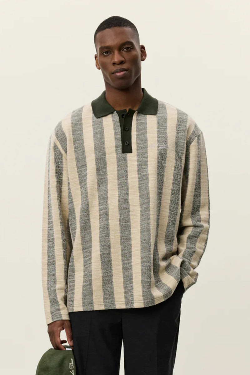 Wholesale,Les Deux, Les Deux Olive with Tan Striped Jacquard Jersey Textured Knit Polo, Green, Small-46-TagS