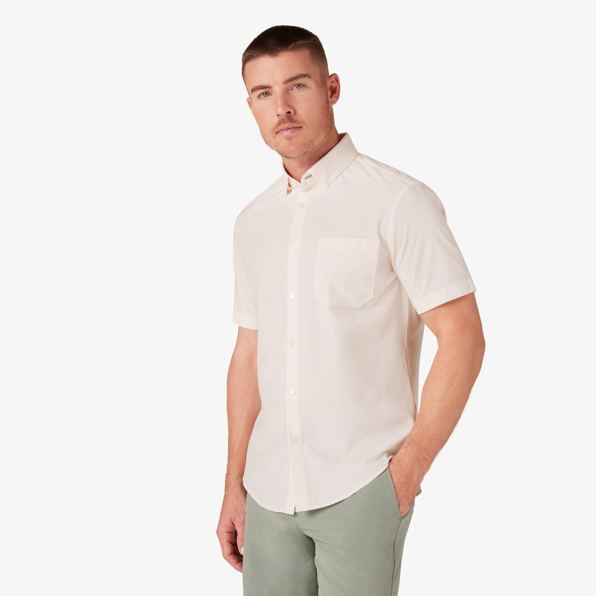 Wholesale,Mizzen + Main, Mizzen + Main Peach Triangle Geo Trim No Tuck Four-way Stretch Shirt, Orange, Small-40-TagS
