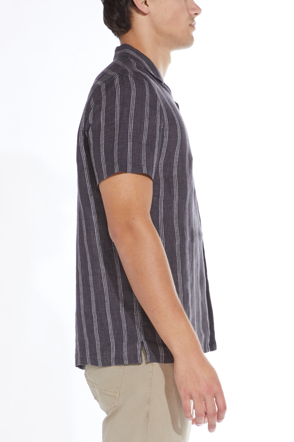 Wholesale,Civil Society, Civil Society Black Striped Cotton/Linen Blend Short Sleeve Resort Shirt, Black, Large-46-TagL