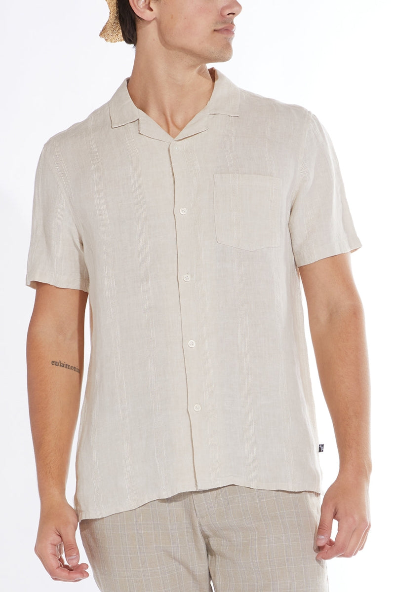 Wholesale,Civil Clothing, Civil Society Beige Linen Blend Shirt with Contrast Slub Stripes, Tan, Medium-43-TagMLarge-46-TagLExtra Extra Large-48-TagXL