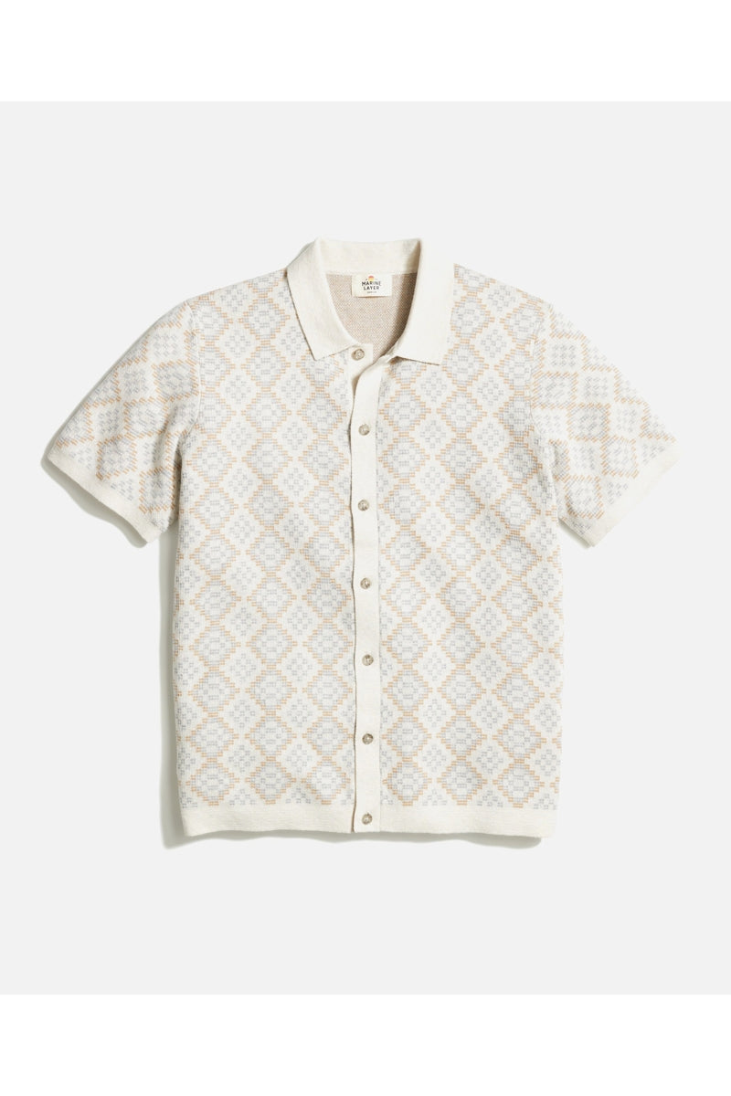 Marine Layer Oatmeal Geo  Short Sleeve Sweater Shirt