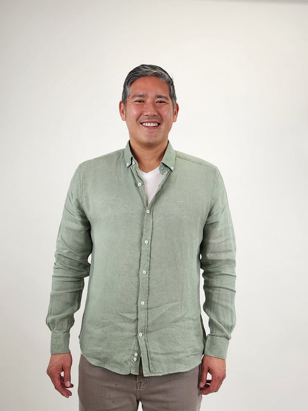 Jakamen Green Linen Slim Fit Long Sleeve Button Up Shirt