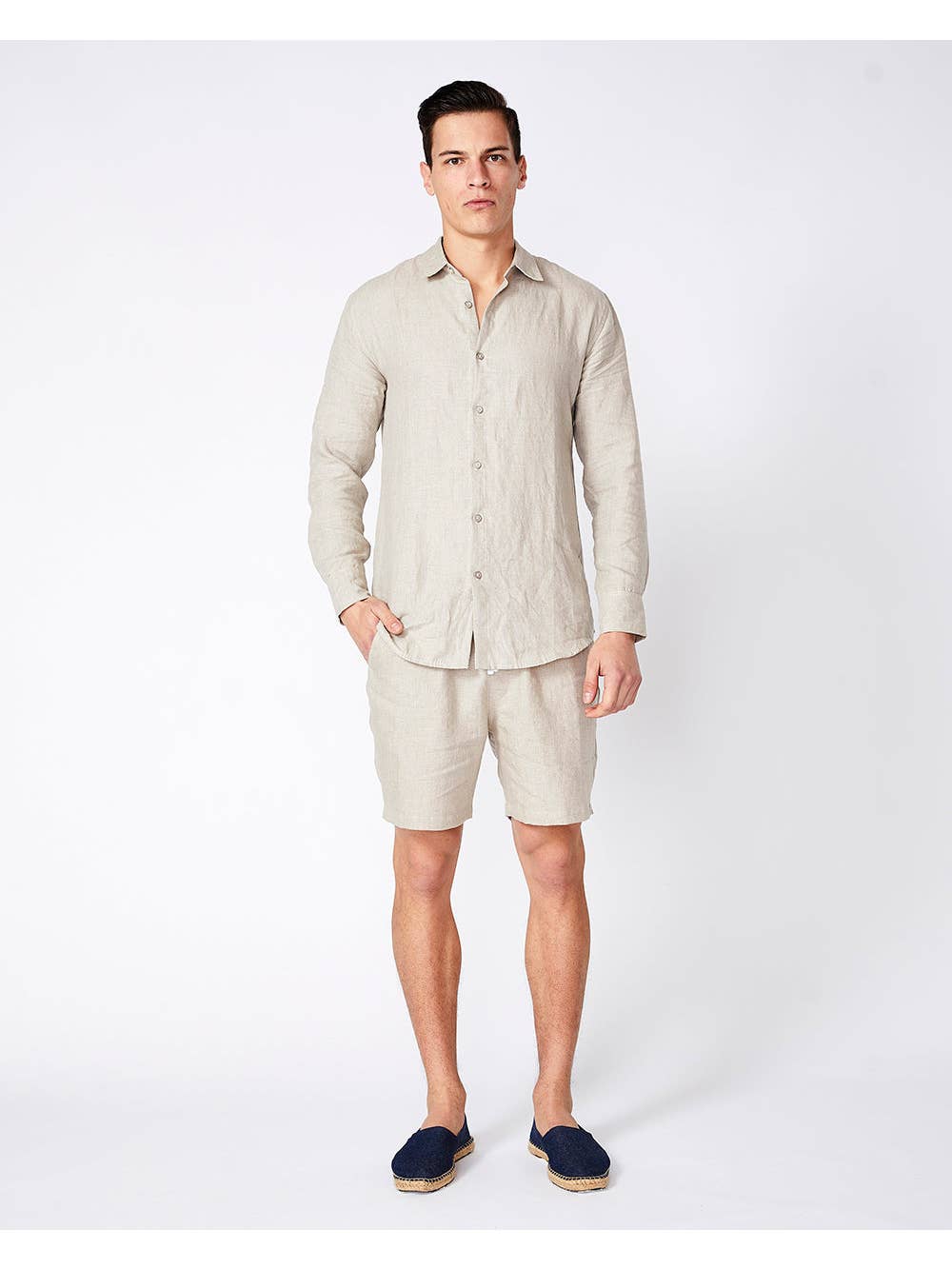 Faire,Merlino Street, Merlino Street Beige Linen Long Sleeve Shirt, Tan, Large-45-TagL