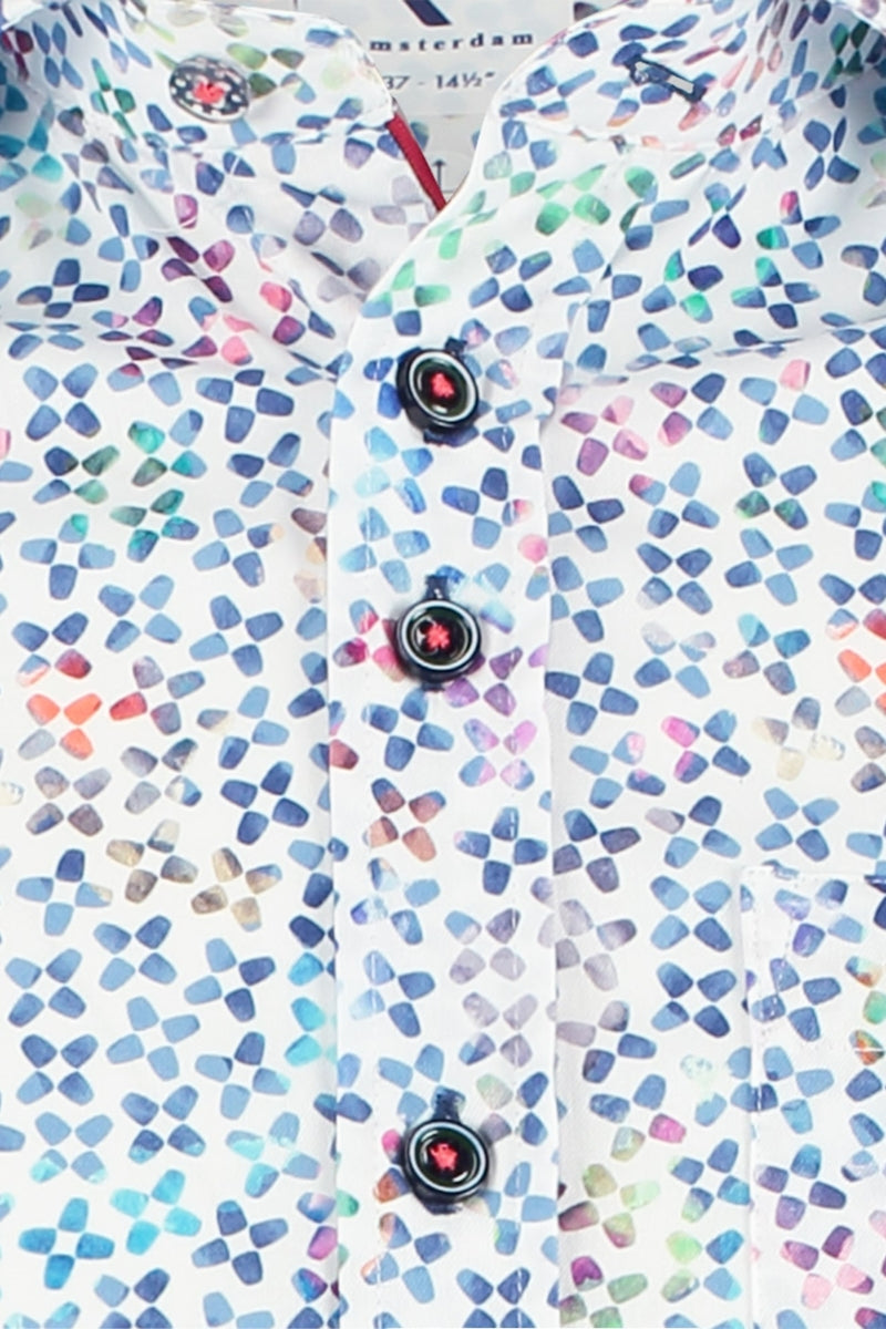 Direct From Brand,R2 Amsterdam, R2 Amsterdam Multicolor Cup Print Short Sleeve Button Up Shirt, White, Small-40-Tag38