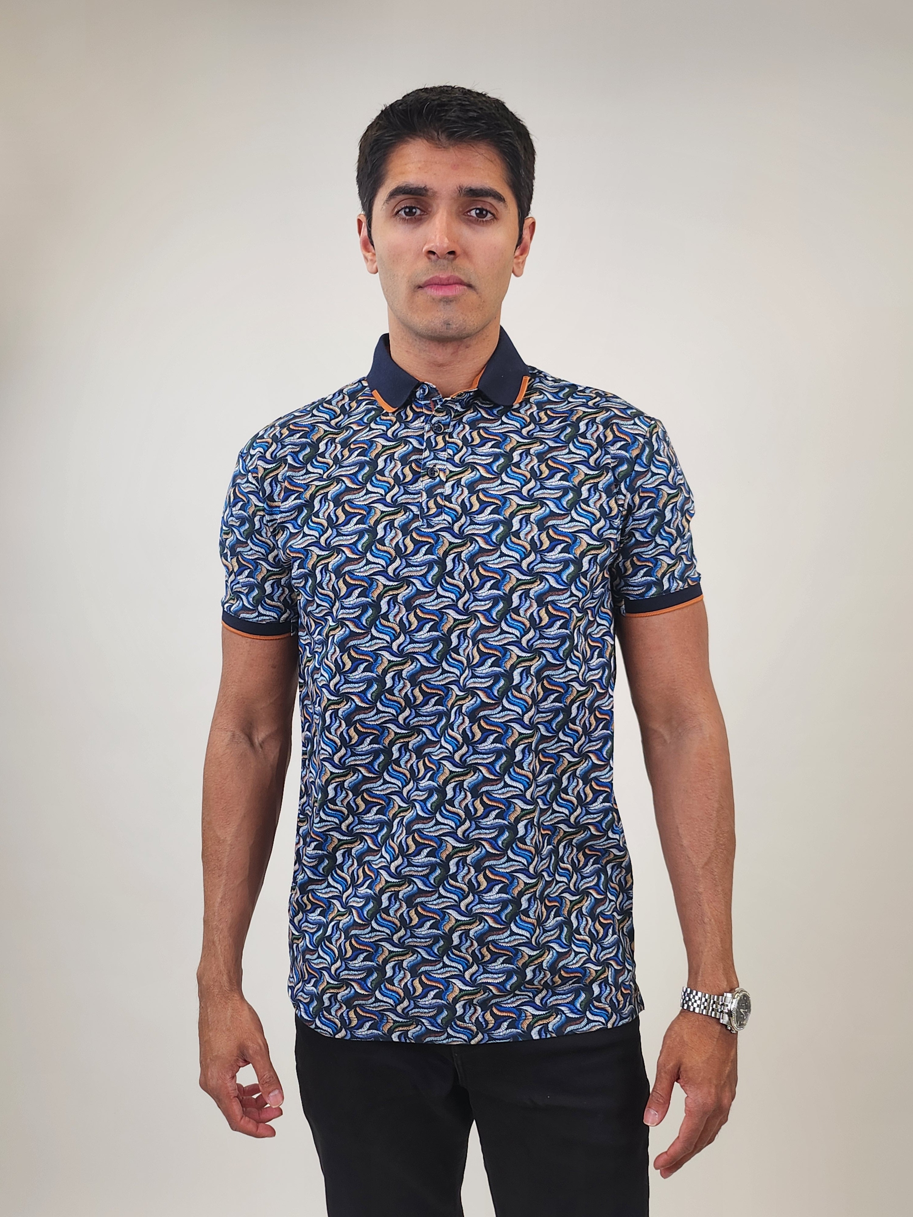 Brand Partner,R2 Amsterdam, R2 Amsterdam Blue Fern Leaf Print Pique Polo, Blue, Large-42-TagL