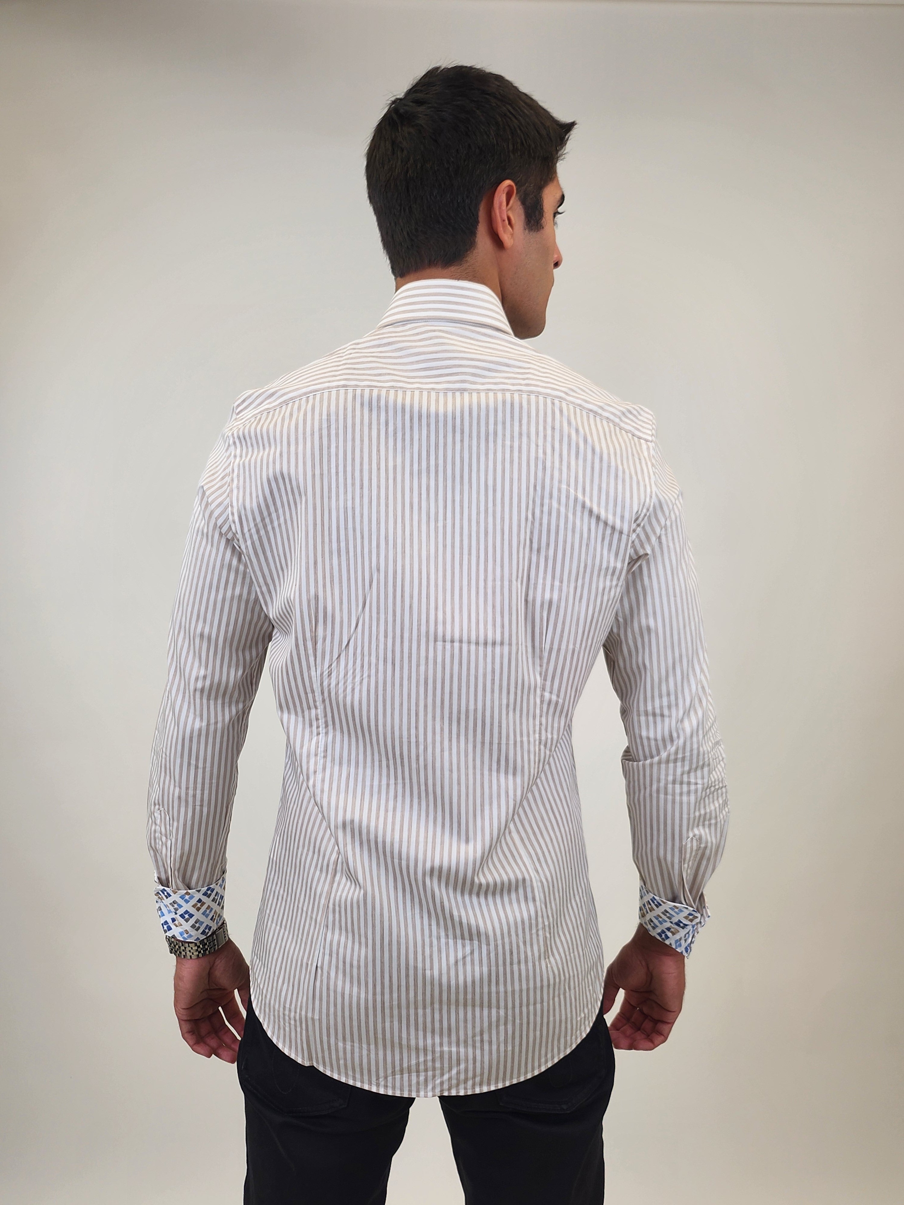 Brand Partner,R2 Amsterdam, R2 Amsterdam Beige Striped Shirt with Cup Print Contrast, Tan, Medium-42-Tag40