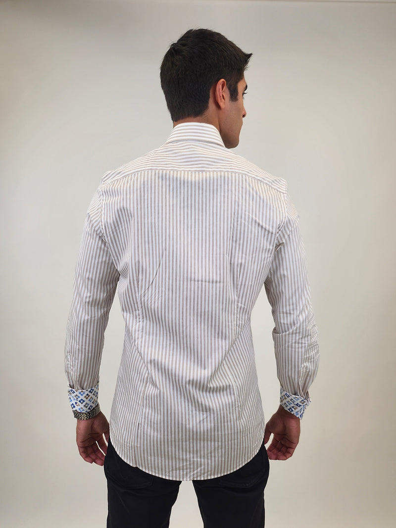 R2 Amsterdam Beige Striped Shirt with Cup Print Contrast