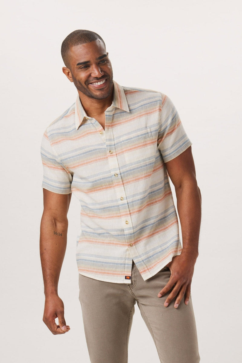 Wholesale,The Normal Brand, The Normal Brand Beige/Canyon Stripe Freshwater Short Sleeve Button Up Shirt, Tan, Small-40-TagSMedium-43-TagMLarge-46-TagLExtra Large-49-TagXLExtra Extra Large-54-TagXXL