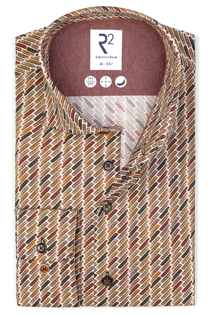 Direct From Brand,R2 Amsterdam, R2 Amsterdam Brown Sofa Print Stretch Shirt, Brown, Medium-44-Tag41